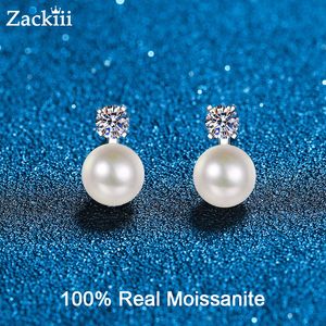 Stud 9mm Freshwater Cultured Pearl Bridesmaid Stud Earrings With Moissanite Top Sterling Silver Ear Studs Wedding Jewelry for Brides 230404