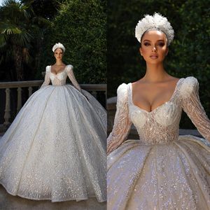 Gorgeous Ball Gown Wedding Dresses Square Long Sleeves Shining Stripe Applicants Shoulder Pad Chapel Gown Pleats Custom Made Bridal Gown Plus Size Vestidos De Novia