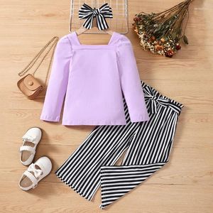 Conjuntos de roupas Listenwind 3-7Y Girl 4 Pcs Outono Roupas Manga Longa Pescoço Quadrado Tops Stripe Calças Com Cinto Headband Outfit