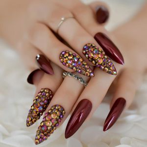 False Nails Extra Long Nail Tips Stiletto Rhinestone Designer Press On Dark Red Shiny Surface Artificial Art 24pcsFalse