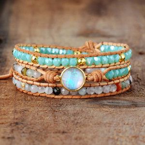 Urok bransoletki Najwyższej jakości kobiety bransoletki naturalny kamień opalowy 3 rzędy skórzana bransoletka Fancy Femme Boho Bracelets Dropship 230404