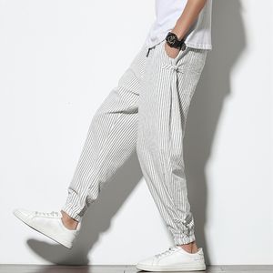 Men's Pants Spring Summer Disc Buckle Striped Harem Mens Breathable Cotton Linen Pencil Casual Bloomers Fashion Trousers 230406