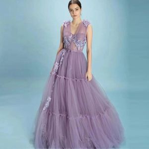 Lilac Floral Prom Dress Lace Applicies Tulle formella kvällsfestklänningar ärmlösa hemkommande klänningar Robes de Mariee