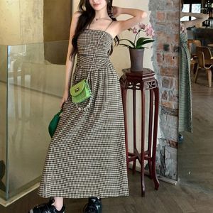 Casual Dresses 2023 Summer Vintage Strapless Plaid For Women Korean Fashion Chic High Waist A-Line Long Dress Elegant Female