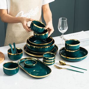 Placa de cerâmica verde de aro dourado prato de prato de tabela de tabela tigela de tigela de tigela de tigela de tigela de tigela de jantar de porcelana de ponta sofisticação de utensílios de jantar para hotel em família