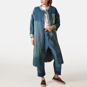 Женские блузки 2023, осенние джинсовые рубашки для женщин, повседневная одежда в стиле ретро, с круглым вырезом и длинными рукавами