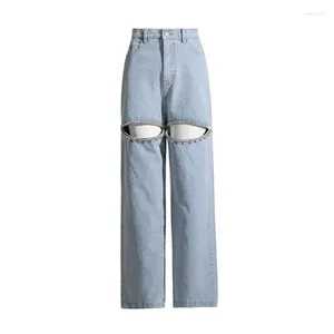 Jeans da donna 2023 Pantaloni a vita alta a gamba larga autunno con perline tempestate di diamanti Design piccolo scava fuori dritto per le donne