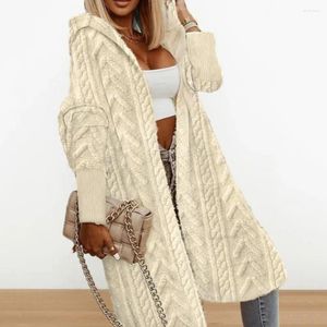 Women's Knits Women Autumn Winter Long Knitting Coat Hooded Jacquard Texture Knee-length Sweater Cardigan Loose Outwear