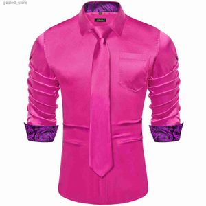 Camisas casuais masculinas Hot Pink Designer Stretch Cetim Camisas para Homens Paisley Splicing Cores Contrastantes Roupas Masculinas Manga Longa Camisas Sociais Masculinas Q231106