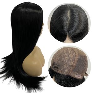 Parrucche ebraiche Capelli europei Capelli umani Diritto serico 1# Colore nero intenso 4x4 Parrucca ebrea Top in seta per donna bianca