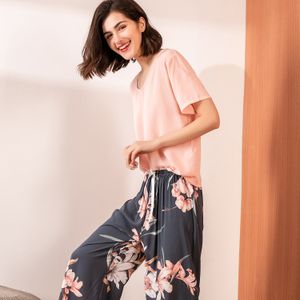 Women's Sleepwear Summer Pajama Set Women's Comfortable Cotton Viscose Contrast Color Pajama Short Sleeve Top Long Pants Women's Pj Set 230406