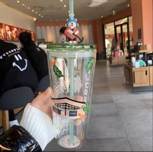 جديد إبداعي (Drinkware) Starbuc Mug Pink Cherry Blossom كوب زجاجي كبير مع كوب القش