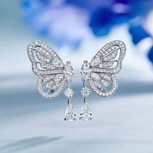 Orecchini pendenti con diamanti Moissanite a forma di farfalla Orecchini pendenti da sposa in vero argento sterling 925 al 100% per le donne Regalo di gioielli da sposa