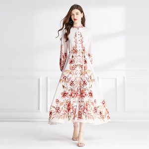 2023 Vacanza Paisley Abiti maxi floreali Rosa Designer Robe Donna Manica a sbuffo Colletto alla coreana Monopetto Lace Up Party Abito lungo Primavera Autunno Slim Runway Frocks