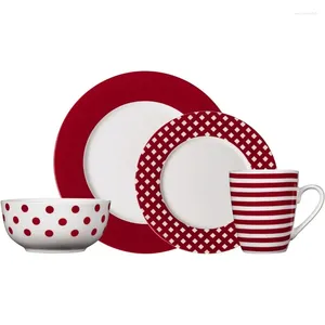 Тарелки Pfaltzgraff Kenna Red, фарфоровый набор посуды из 16 предметов, на 4 тарелки и блюда