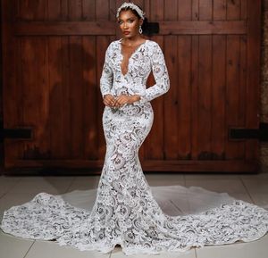 2023 Nov Apiic Aso Ebi Plus Size Lace Mermaid White Wedding Dressed Beded Beaded Beed من خلال فساتين الزفاف ZJ222