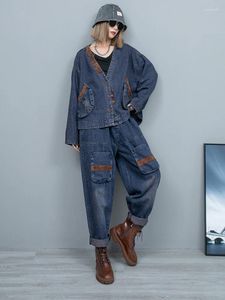 Kvinnors tvåbitar byxor Retro Casual Patch stora fickor Vintage V-ringning Denimjacka Hög midja harem Tvådelar Fashion Streetwear Suit