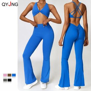 Kvinnors tvåbitar byxor Sexig Cross Backless Gym Underwear Set Sport Outfit For Woman Yoga Wear Sporty Scrunch Fleared Leggings Ladies Fitness