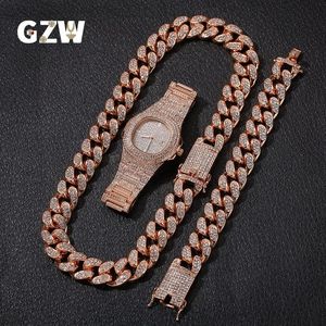 New Fashion Personalized 20mm Gold Blingbling Mens Cuban Link Chain Necklace Bracelet Watch Set Hip Hop Rapper Jewelry Gifts for M231b