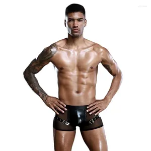 Unterhosen Sexy Männer Metallschnalle Boxer Herren Kunstleder Mesh Unterwäsche Penis Beutel PU Boxer Homem Weiche Boxershorts Männliche Höschen Shorts