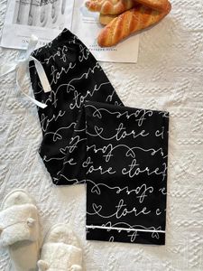 Pijamas femininos com estampa de letras, calças de pijama com cordão elástico na cintura, calças de dormir, comprimento total, roupa de dormir, pano espreguiçadeira