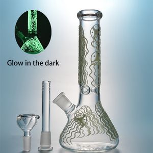 Glow In The Dark Hookahs Beaker Glass Bongs 6 Arms Tree Percolator Different Styles Oil Dab Rigs Clear Water Pipes With Bowl Diffused Downstem 11 Inch