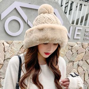 Beanies Autumn And Winter Women's Hat Big Hair Ball Woolen Yarn Outdoor Warm Knit Solid Satin Cashmere Ladies Cap