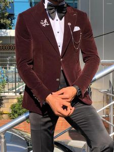 Men's Suits Reddish Brown Velvet Men Sets 2Pieces Custom Made Peaked Lapel Blazer Trousers Wedding Clothing Business Jacket Balck Pant