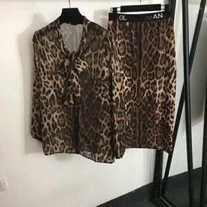 Two Piece Dress Women Sets Leopard Print Long Sleeve Bow V Neck Tops And Mid Skirt Female Sexy Suits Party Evening Set