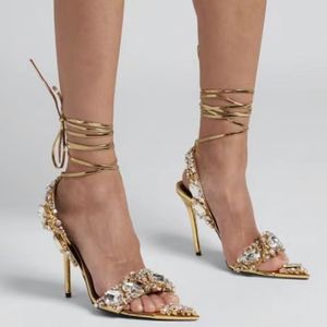 Fashion Pointed Sandals stiletto Rhinestone decoration heels for women Party Evening shoes open toe ankle strap mirror leather luxury designers factory footwear