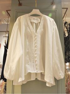 Blusas femininas rendas design de moda branco camisas femininas verão 2023 solto decote em v manga comprida elegante feminino outwear topos