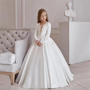 Kız Elbiseler Beyaz Saten Basit Uzun Kollu Çiçek Elbise Çiçek Çıkartmaları Düğün Balo Balosu Pageant Çocuk Doğum Günü Komünyon Elbise