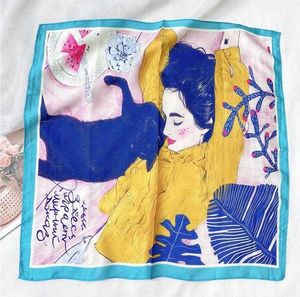 Sarongs Hijab Real Winter And Summer Painting Thin Small Squares Female Emulation Silk Decorative Scarves Sunscreen Longhair Belt FJ426 P230403