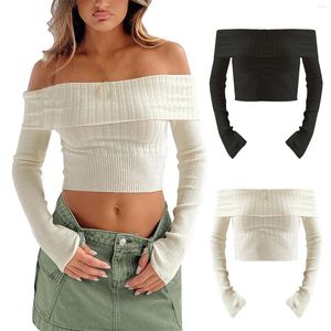 Women's Sweaters Women Basic Fitted Long Sleeve Off Shoulder Crop Tee Top With Thumb Hole Half Shirt Woman Shirts Cotton Workout