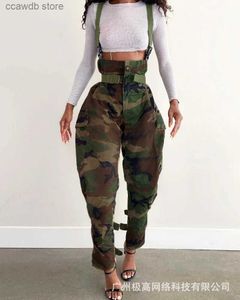 Calças de duas peças de duas peças Camuflagem impressa na cintura High Suspender Cargo Pants Mulheres Moda Casual Primavera Palnta Geral Gumpersuits T231106