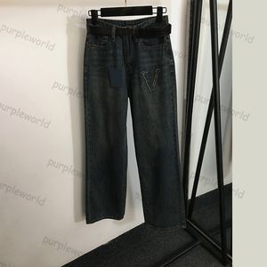 Jeans Damen, besticktes Patch-Design, gerades Bein, lockere blaue Denim-Hose mit Gürtel, hohe Taille