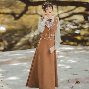 Work Dresses Women's Autumn Vintage Chinese Style Hooked Shirt Vest Skirt Set French Contrast Single Breasted 3 Piece Sets