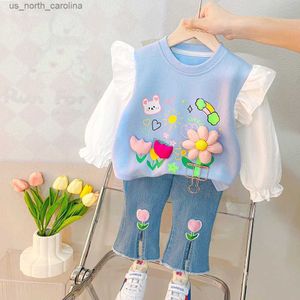 Clothing Sets Spring Kids Clothing Sets Baby Girls Lace Floral Shirt Jeans 2 Pcs Suits Cartoon Infant Clothes Outfits Children Costume