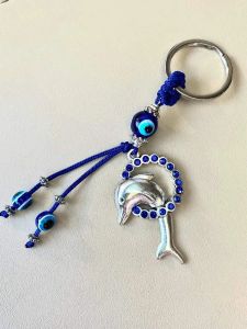 Chaveiros Lanyards L Luckboostium Jum Dolphin em cristal azul com contas de olho mau chaveiro anel e borla sinal de proteção bom para amdxk