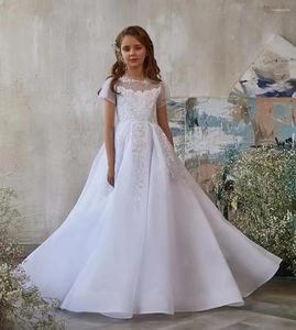 Mädchen Kleider Blumenkleid Weiß Tüll Spitze Perlen Lange Kurzarm Rundhals Aufkleber Elegante Hochzeit Kind Geburtstag Abendmahl