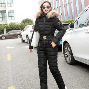 Andra sportvaror Vinterhuven Jumpsuits Parka Elegant Cotton Padded Warm Sashes Women Ski Suit Straight Zipper One Piece Tracksuits Outdoor Snow HKD231106