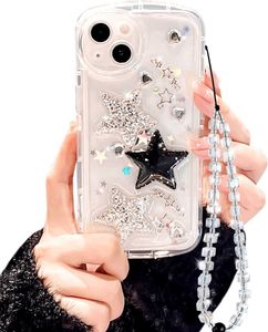 IPhone Case Cute Glitter 3D Stars Crystal Heart Clear med design estetiska kvinnor tonåring flickor ganska glittrande söt fodral skyddande omslag+kristall telefonkedja