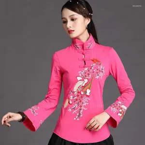 Ethnic Clothing Style Cheongsam Women plus size Tops bawełniane składanie stojak na kołnierz długi rękaw haft chiński koszulki qipao