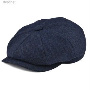 BERETS BOTVELAウールツイードネイビーブルーヘリングボーンニュースボーイキャップメン8 4四半期パネルCabbieフラットキャップ