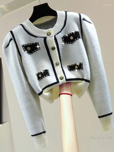 Women's Knits Mixed Color Stripe Long-Sleeved Short Sweater Coat Women 2023 Autumn Korean Style High Waist Diamond Round Neck Cardigan