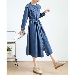 2023 Autumn New Temperament Long Sleeved Denim Dress French Waist Wrapped Blue Hepburn Style Mid Length Skirt