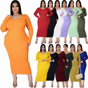 Women Designers Clothes 2023 Autumn winter solid color long sleeve rib pit stripe knitted cotton dress bottomed long skirt