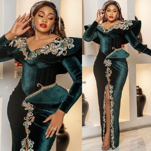 2023 Arabic Aso Ebi Lace Beaded Prom Dress Dark Green Sheath Evening Formal Party Second Reception Birthday Engagement Gowns Dresses Robe De Soiree ZJ324