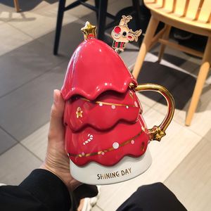 Mugs 500ML Ceramic 3D Christmas Tree Coffee Mug With Lid Cover Creative Cafe Tea Cup Juice Tazas Gift Box Navidad Year