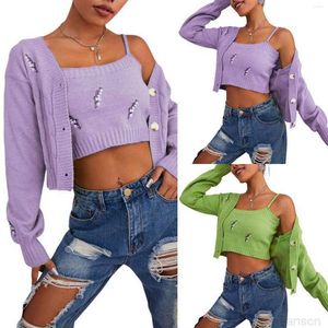 Women's Knits 2023 Women Two-piece Clothes Set Leaves Embroidery Pattern Camisole And Long Sleeve Cardigan